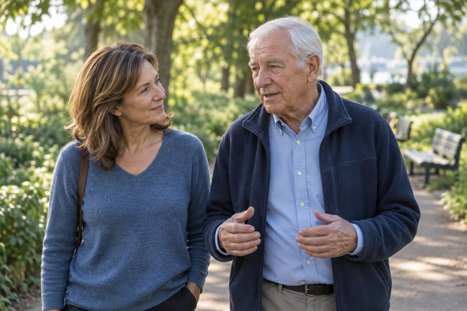 An adult daughter walking and talking with her older father in a park