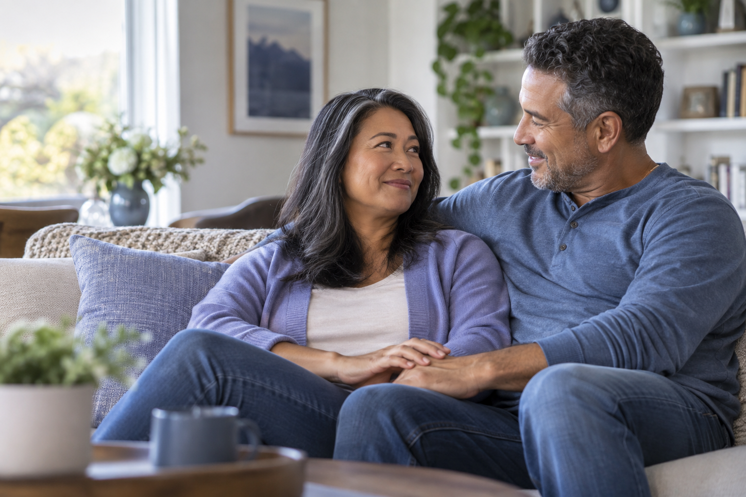 Two adults sharing a supportive conversation at home