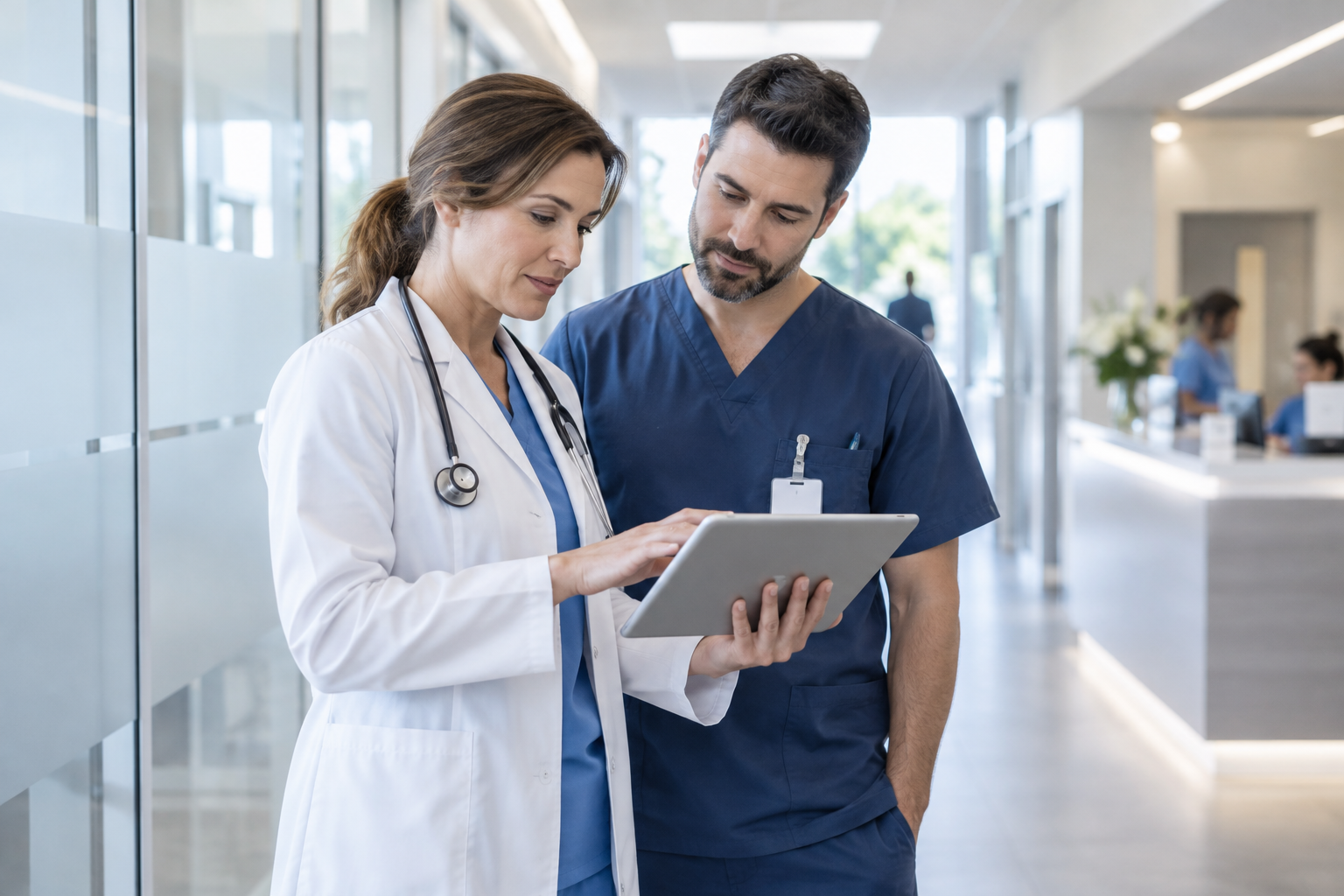 Two healthcare professionals reviewing information in a clinic corridor